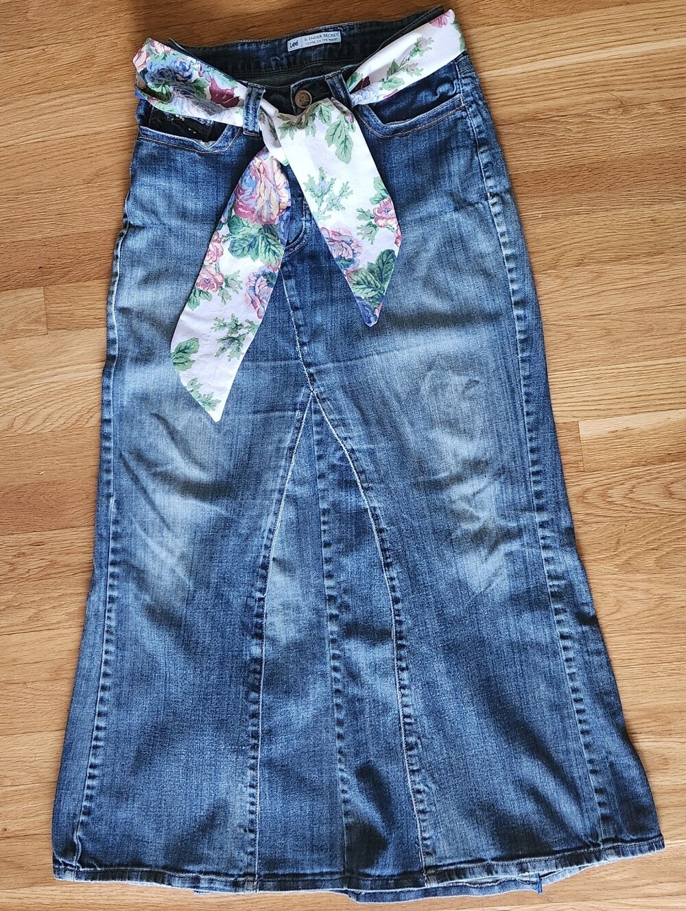 Upcycled Lee Jeans Denim Flare Maxi Skirt & Sash Belt Sz 6 Boho Western Ooak